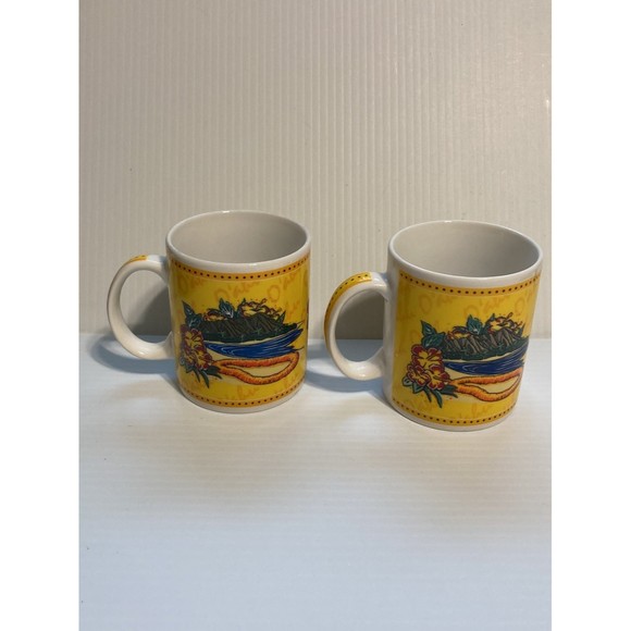 HAWAII Island Heritage Hilo Hattie O’ahu Lei Yellow Mugs Cups 2002 Set of 2 - Picture 7 of 12